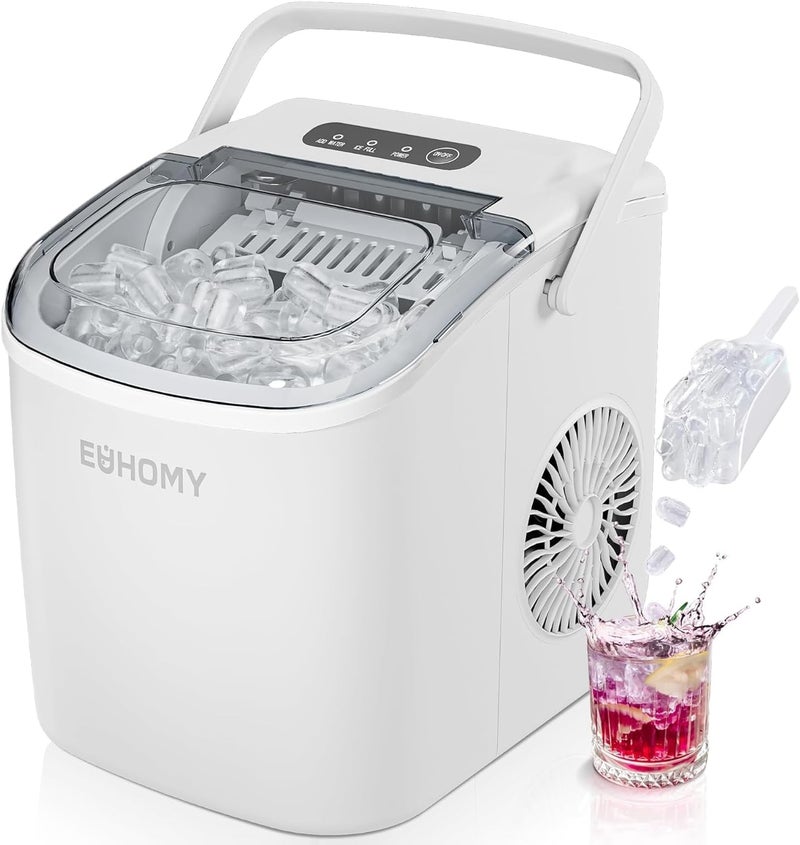 EUHOMY Countertop Ice Maker Machine with Handle, 26lbs Per Day, 9 Ice Cubes Ready in 6 Mins, Auto-Cleaning Portable Ice Maker with Basket and Scoop, for Home/Kitchen/Camping/RV (White) - Image 1